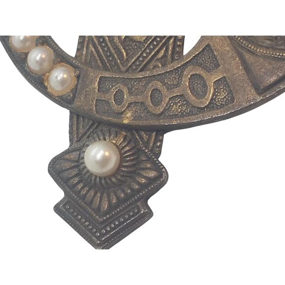 Vintage Victorian Revival Brass Brooch Faux Pearl Amber Glass Cabochons Celtic - Picture 4 of 11